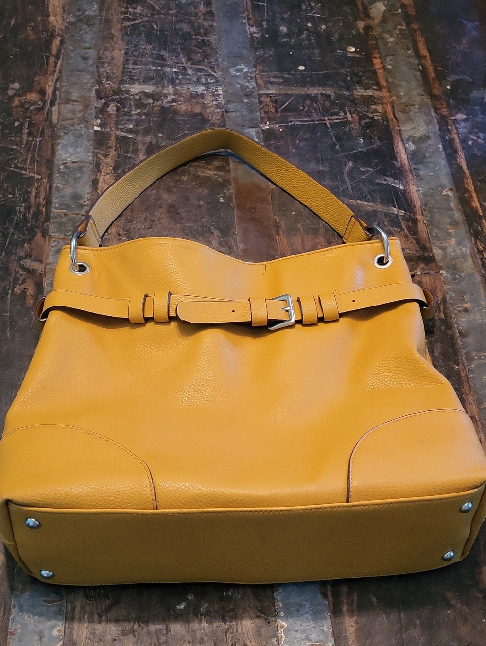 Charming Charlie Mustard Yellow Pebbled Leather Shoulder Bag with Belt Accent